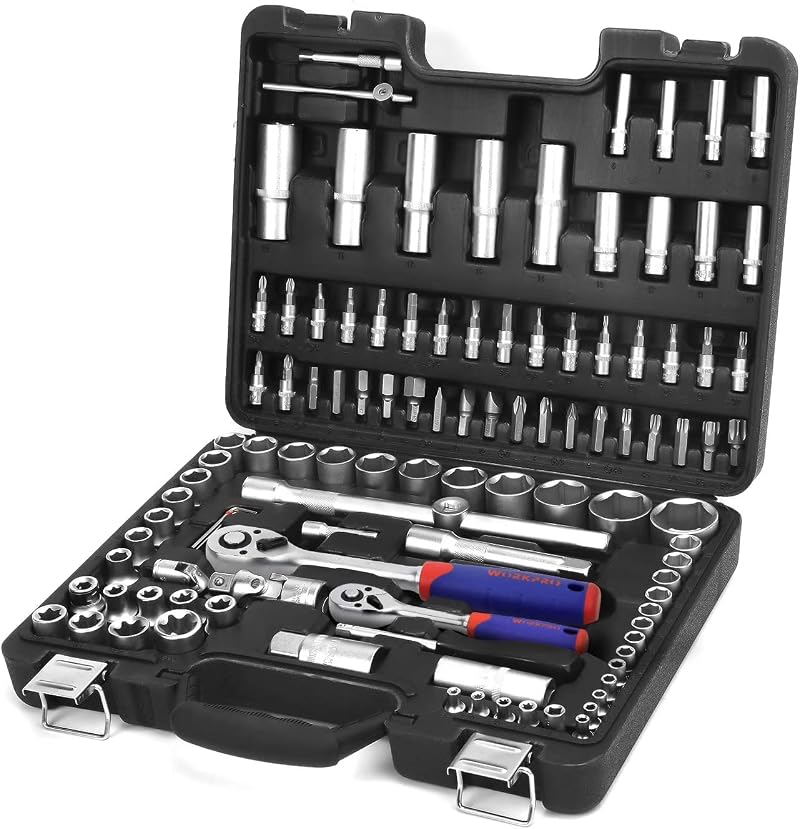 WORKPRO 108-Piece 1/4 and 1/2 Inch Drive Socket Set with Bits
