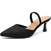 Enelauge Women's Pointed Toe Low Kitten Heels Sandals Knit Fabric Pumps Elastic Ankle Strap Closed Toe Slingback Slip On Comfortable Dress Wedding Shoes