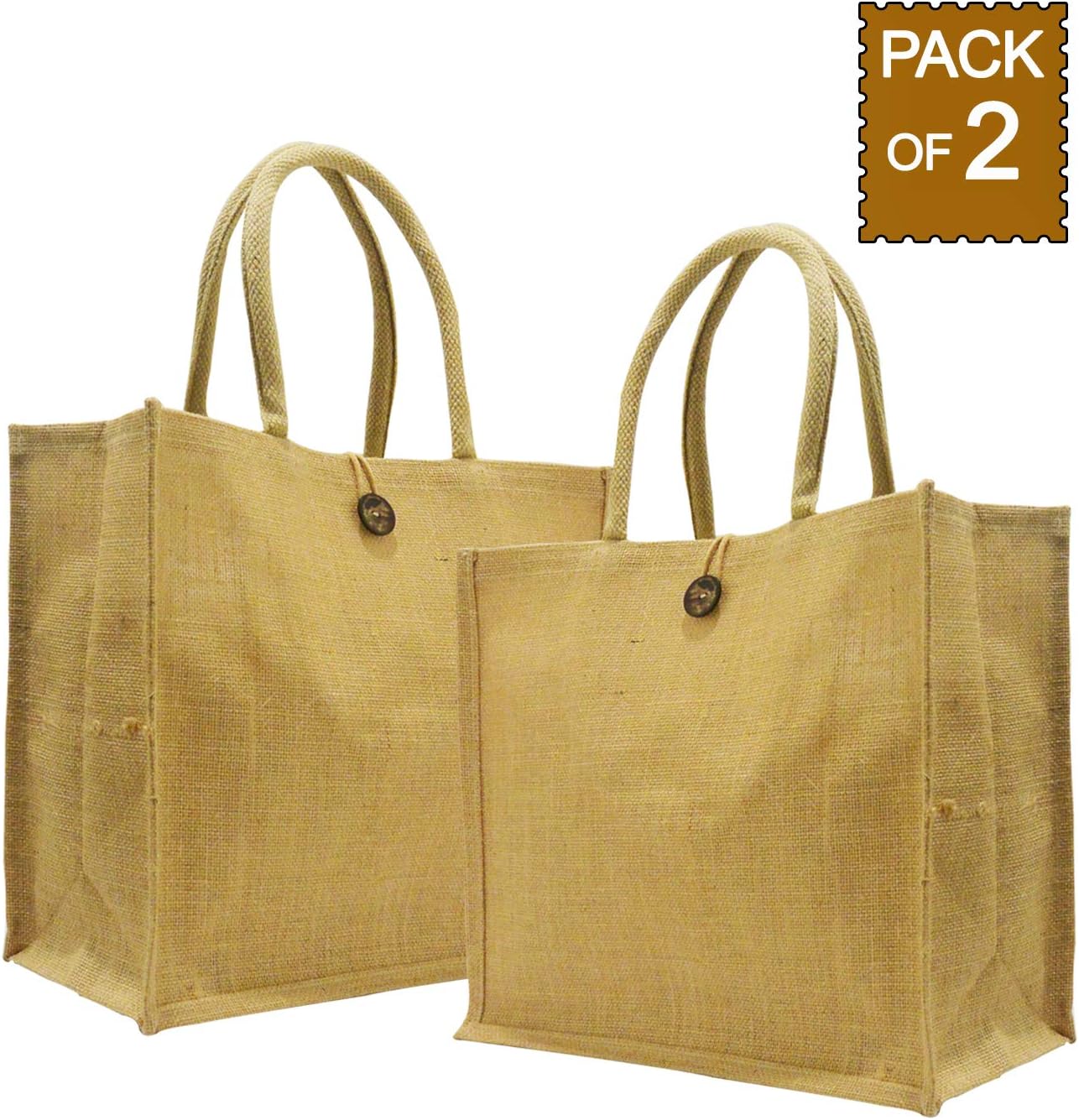Jute Market Bags Medium SIze Natural and Reusable Jute Shopping Totes from Earthbags (Pack of 2)