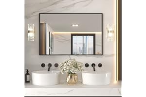 LOAAO 48"X32" Black Rectangle Bathroom Mirror Wall, Matte Black Aluminum Alloy Frame, Tempered Glass, Hangs Vertically or Horizontally, Easy to Install