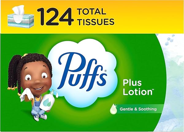 PUFFS PLUS LOTION FACIAL TISSUES, 1 FAMILY BOX, 124 TISSUES PER BOX, ALLERGIES AND COLDS