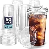 Fit Meal Prep 50 Pack 32 oz Clear Plastic Cups with Strawless Sip Lids, Disposable Plastic Coffee Cups with Lids, To Go Cups for Iced Coffee, Smoothies, Soda, Party Drinks, Bubble Tea, Cold Beverage
