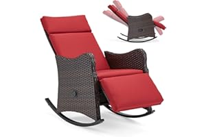 GYUTEI Outdoor Recliner Chair, Wicker Reclining Lounge Chair with Extended Footrest, Adjustable Balcony Chair with Thickened Removable Cushion for Patio Garden, Wine-Red
