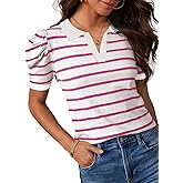 Dokotoo Womens Puff Short Sleeve Shirts Trendy V Neck Dressy Casual Knit Tops Stripes Collared T Shirts Blouses