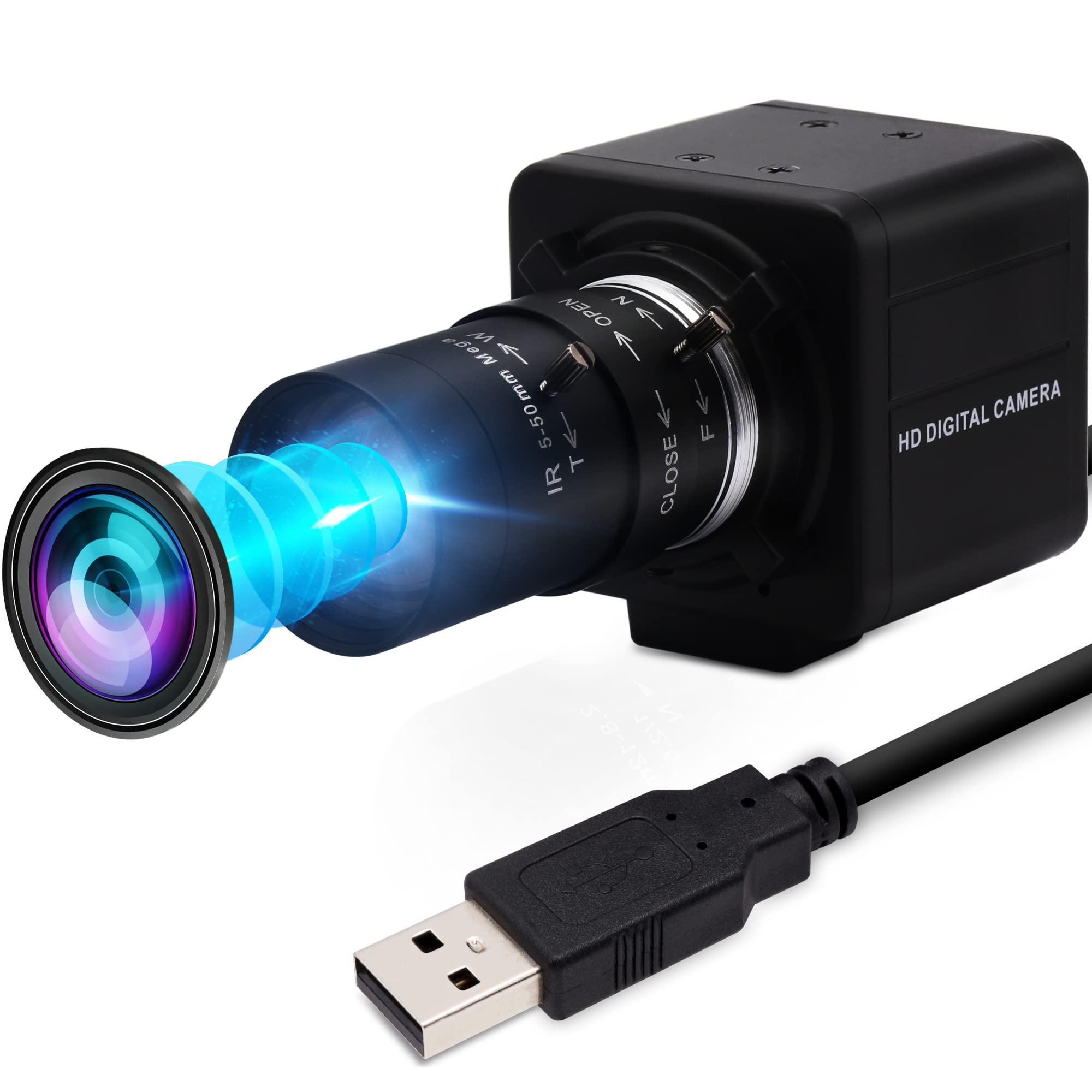 ELP USB Camera 1080P High Speed 260fps 5-50mm 10X Optical Zoom Lens 2MP USB Webcam Manual Close up Zoom in and Out,UVC Computer Comference Golf Swing Camera for Raspberry Pi Windows Mac