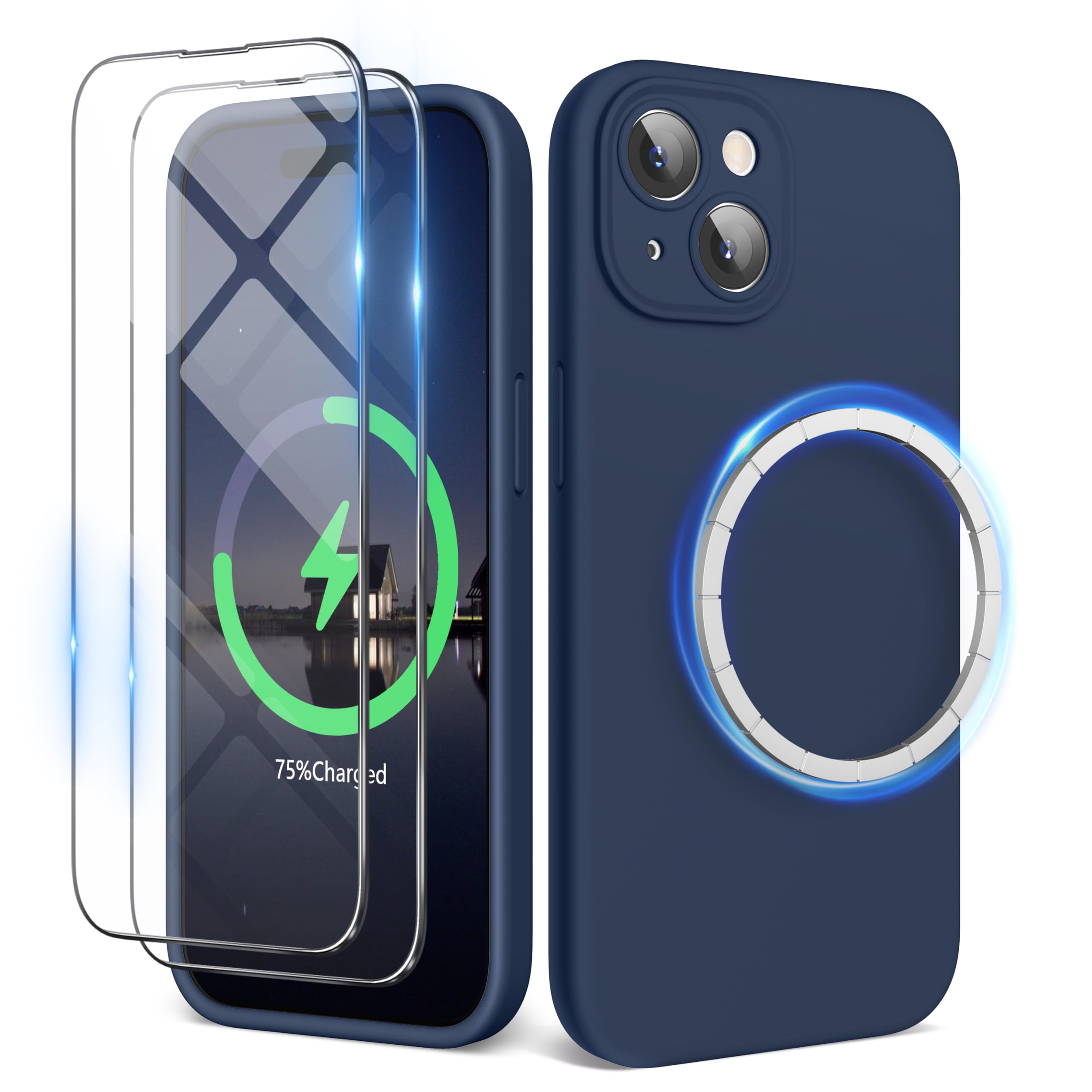 SURPHY Magnetic Case for iPhone 15 Case with Screen Protector, Liquid Silicone Anti-Scratch Compatible with MagSafe Gel Rubber Phone Case for iPhone 15 6.1 inch, Storm Blue — image 1