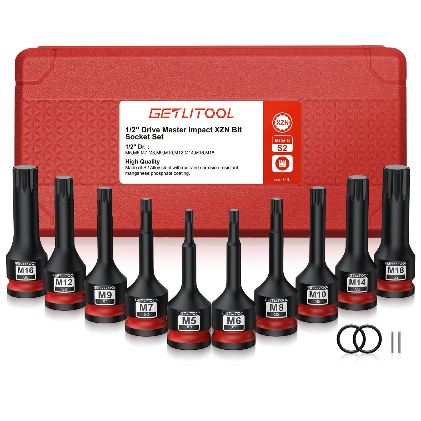 GETLITOOL 1/2" Kraft Vielzahn Bit Steckschlüssel Satz, 10tlg S2-Stahl Kraft XZN Bit Einsatz Satz M5-M18, Länge 78 mm Vielzahn Kraft Schlagschrauber Nüsse Satz Innenvielzahn für XZN