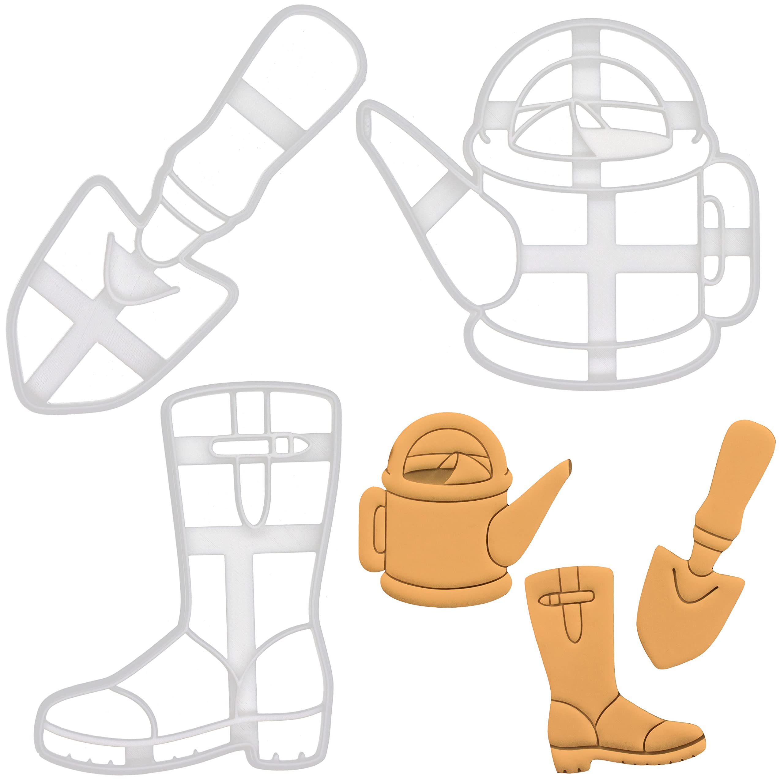 BAKERLOGY Set of 3 Gardening Theme Cookie Cutters (Garden Trowel, Welly Boot, Watering Can) - Detailed Biscuit Cutter Design for Baking and Crafts, Ideal on Fondant, Dough, Clay