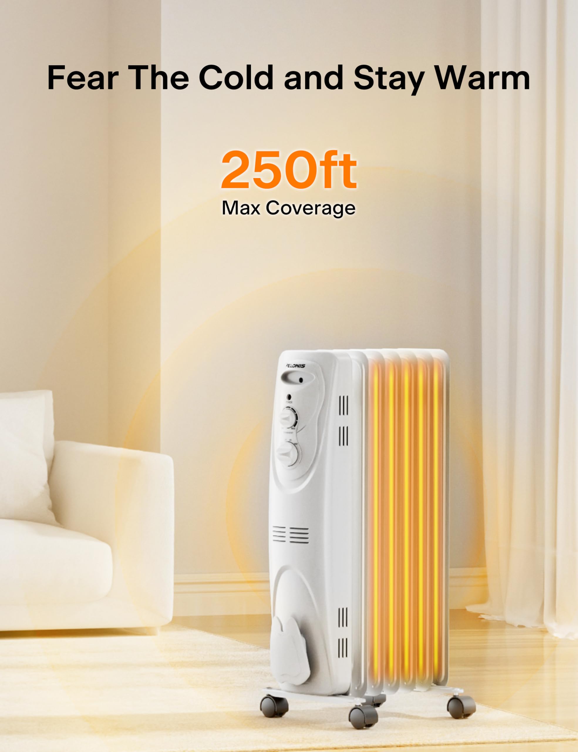 PELONIS PHO15A2AGW, Basic Electric Oil Filled Radiator, 1500W Portable Full Room Radiant Space Heater with Adjustable Thermostat, White, 26.10 x 14.20 x 11.00 in