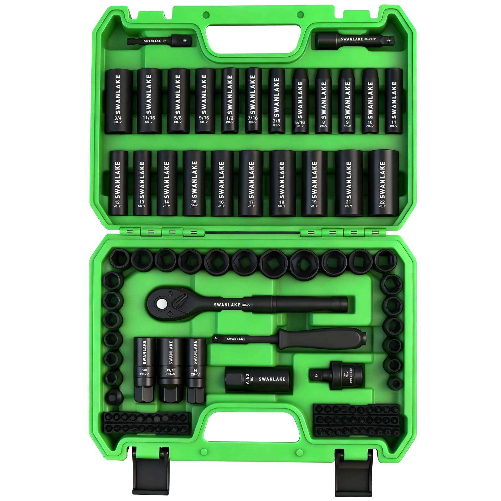Photo 1 of 105-Piece 3/8" Drive Impact Socket Set, SAE (5/16 to 3/4 inch) and Metric (8-22mm) 6 Point CR-V Steel Socket Wrench Set, Extension Bars, Universal Joint, Ratchet Handle, Screwdriver Bit Mechanic Tool