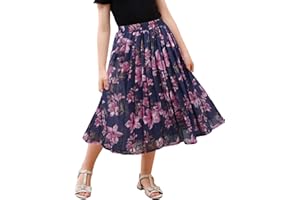 GORLYA Girls Chiffon Pleated Elastic High Waist A-Line Boho Swing Maxi Long Skirt 4-14T
