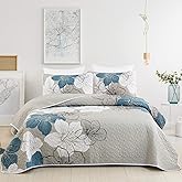 DJY 3 Pieces Quilt Set California King Blue Floral Pattern Quilt Coverlet Elegant Boho Bedspread with 2 Pillow Shams Lightweight Floral Summer Bedding Quilt for Adults Teens 106"x96"