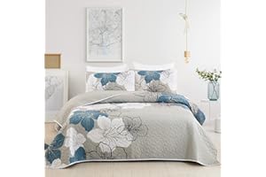 DJY 3 Pieces Quilt Set California King Blue Floral Pattern Quilt Coverlet Elegant Boho Bedspread with 2 Pillow Shams Lightweight Floral Summer Bedding Quilt for Adults Teens 106"x96"