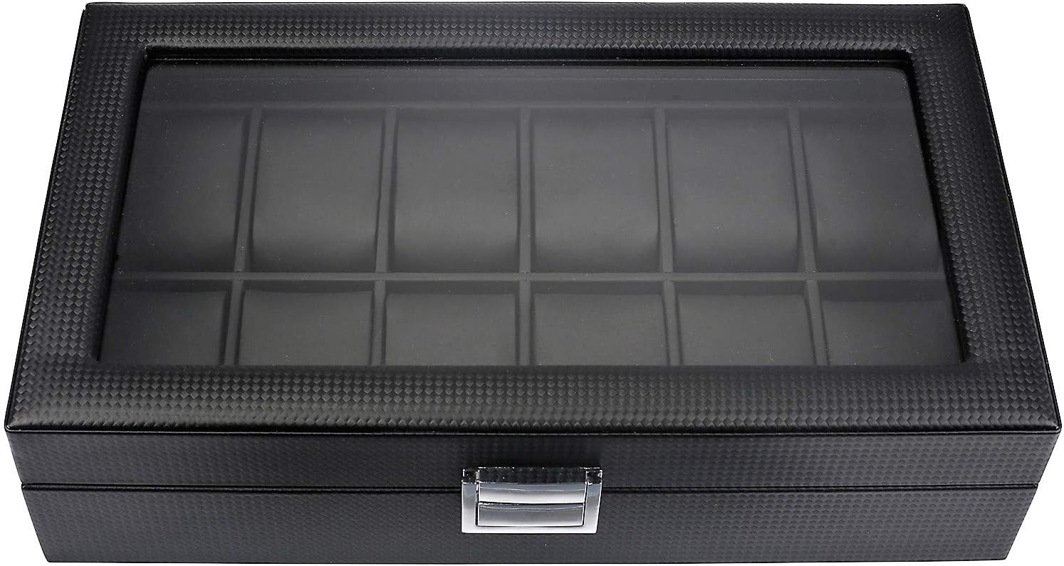 Mantello Watch Box for Men - 12-Slot Accessory Holder for Watches, Bracelets and Cuffs - Glass Lid Window on Carbon Fiber Case with Lock and Metal Hinges - Collection Organizer, Storage and Display: Home Improvement