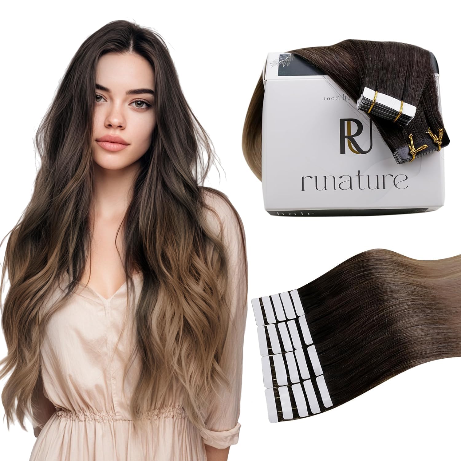 RUNATURE Tape in Hair Extensions Human Hair Dark Brown Tape Hair Extensions Real Human Hair 22 Inch Invisible Tapes Remy Straight Balayage Brown to Brown Hair 20pcs 50g #2/6/18 — image 1