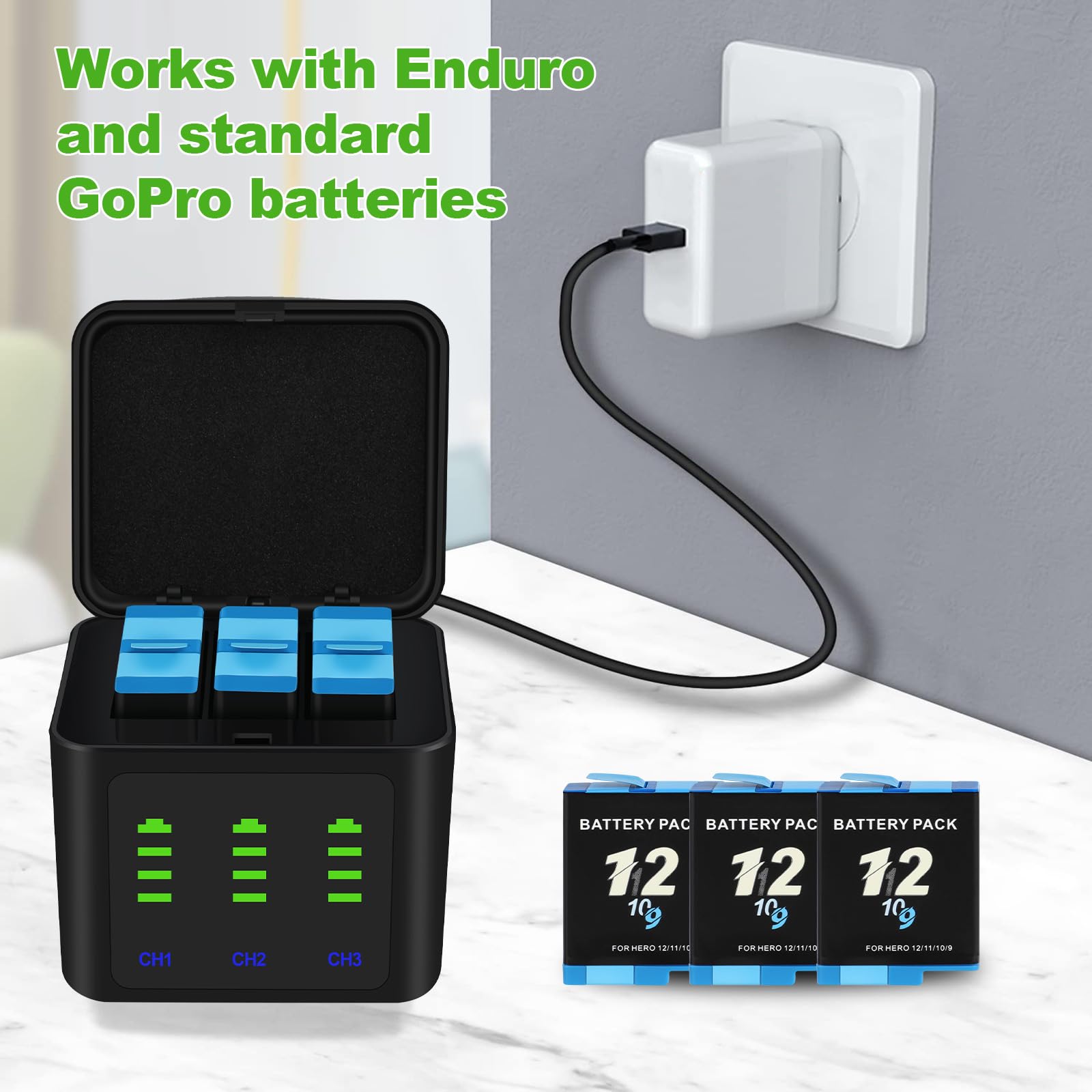 Battery Charger Kits for GoPro Hero 12 11 10 9 Black, 3-Pack 2000mAh Replacement Batteries + Triple Charge Case with Type-C Charging Cord for Go Pro 12 11 10 9 Official Batteries Accessories