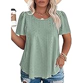 ROSRISS Plus-Size Tops for Women Summer Trendy Eyelet Puff Short Sleeve T Shirts Casual Crewneck Solid Color Tunics XL-5XL