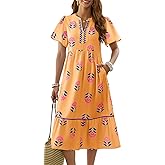 Wenrine Womens Summer Floral Midi Dress Casual Short Sleeve V Neck Flowy Ruffle Boho Beach Sundress with Pockets