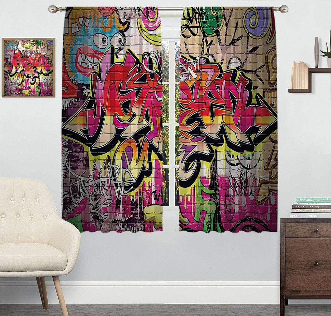 Rustic Lihgtproof Curtains, Graffiti on Wall Urban Street Art with Spray Paint Tagger