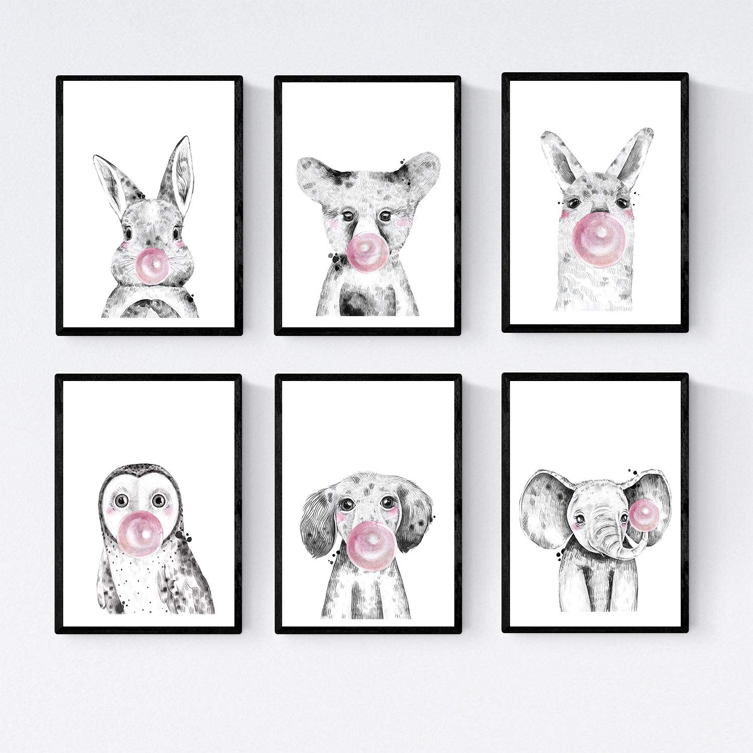 Nacnic Set of 4 Bubblegum Animals Posters. Portrait Style wall decoration of Rabbit, Fox, Llama, Owl, Dog and Elephant. Size A4, Frameless.…