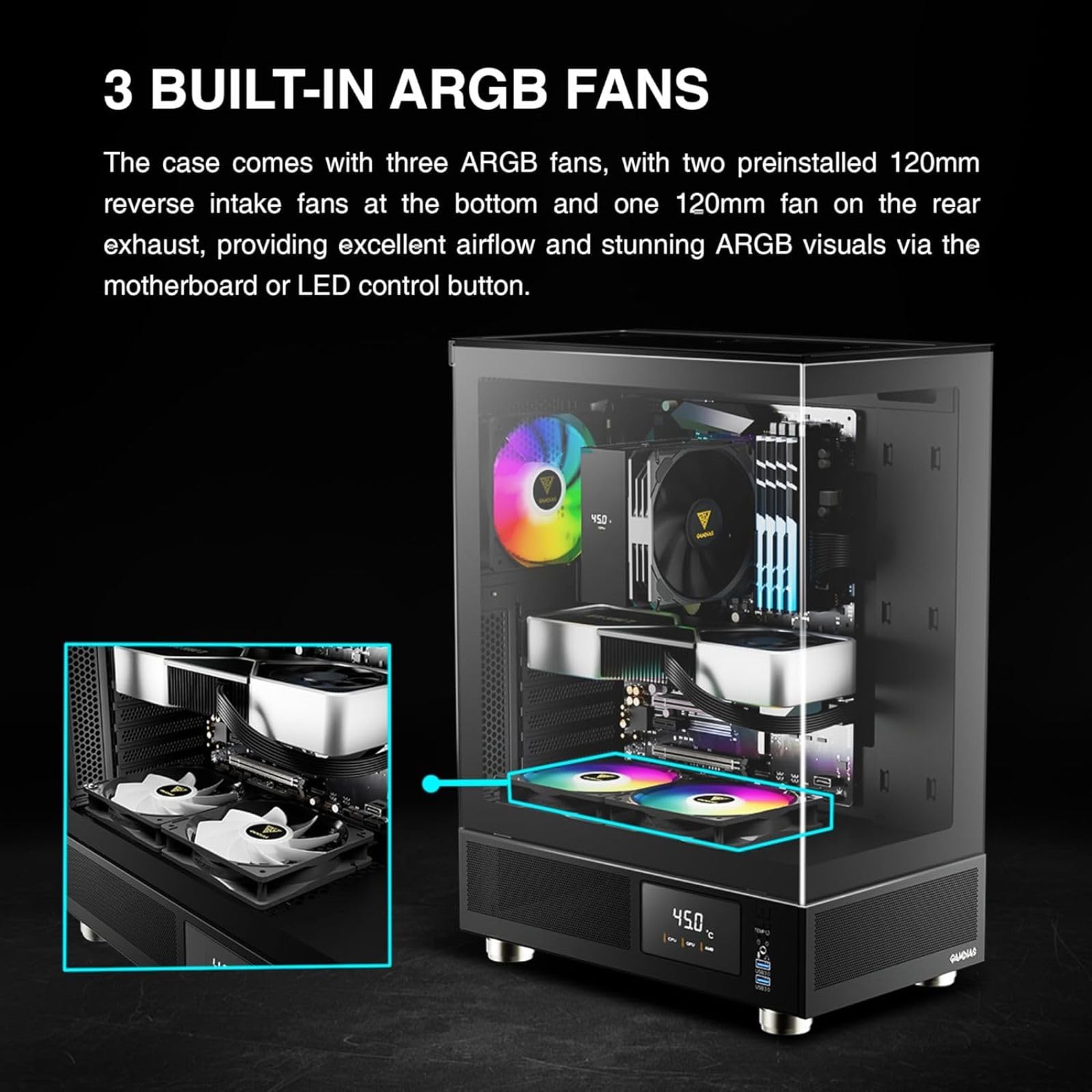 GAMDIAS ATX Mid Tower Computer Case with Tempered Glass, Gaming PC Case w/Temperature Display LCD & 3X 120mm ARGB Fans, Support Up to 5X Fans, 240mm AIO/Radiator, 340mm GPU/VGA, 160mm CPU Air Cooler