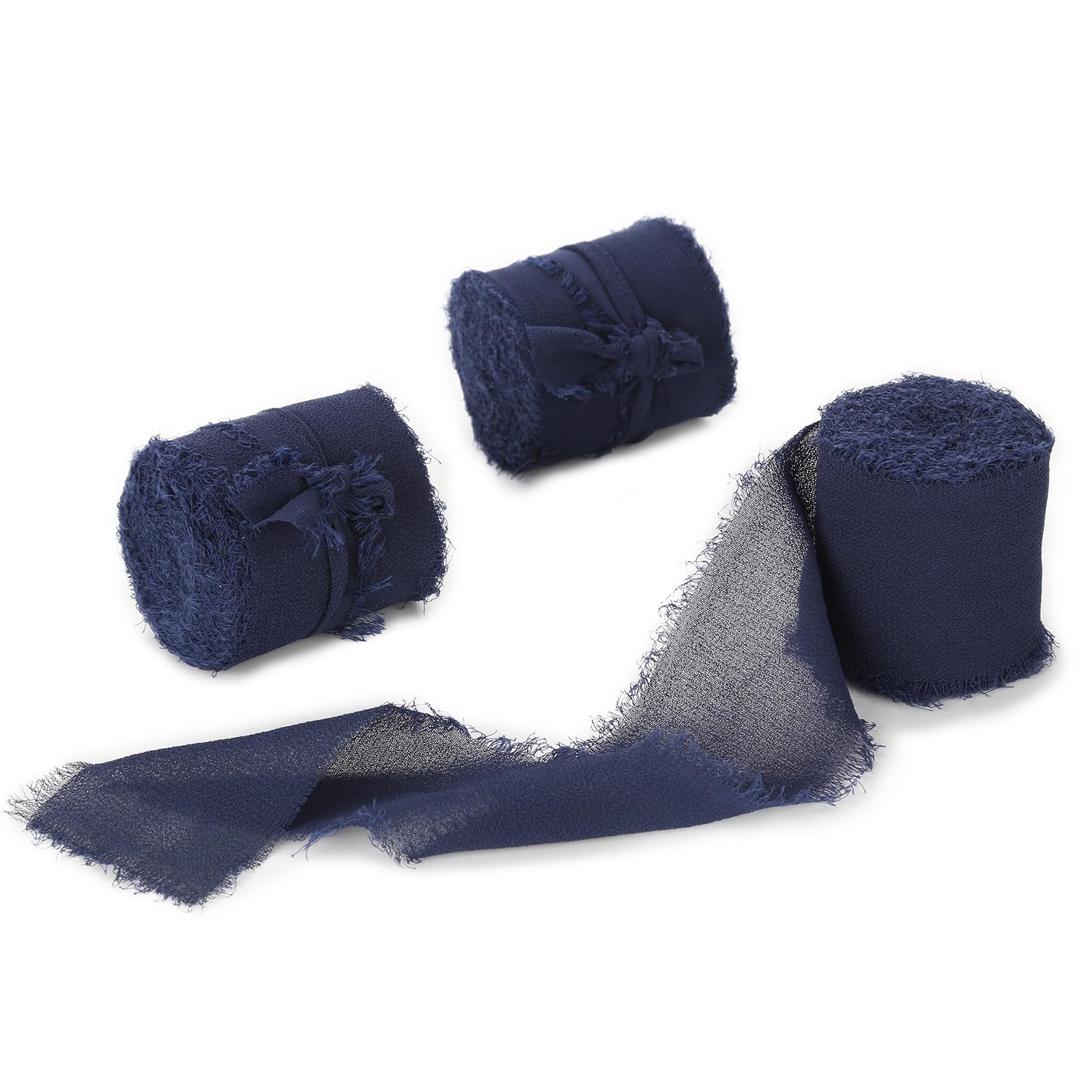 Navy Blue Chiffon Ribbon 3 Rolls 1.5" x 5 Yards Navy Handmade Fringe Silk Chiffon Ribbon for Gift Wrapping, Wedding Invitations, Bridal Bouquets, Halloween Decor, and DIY Crafts