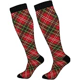Kigai Knee High Socks Christmas Plaid Red and Green Compression Sock 1 Pair Casual Athletic Tube Socks for Soccer Women Men Medical Nurse Warm Stockings, 20-30mmHg