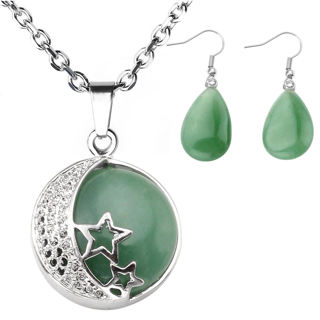 JOVIVI Schmuck-Set,Edelstahl Aventurin Stein Halbmond Stern Anhänger Platt Tropfen Ohrringe Schmuckset Geschenk