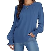 Funlingo Womens Long Sleeve Tops Fashion Fall Shirts Scoop Neck Pleated Ruffle Loose Tunic Tops Business Work Blouse