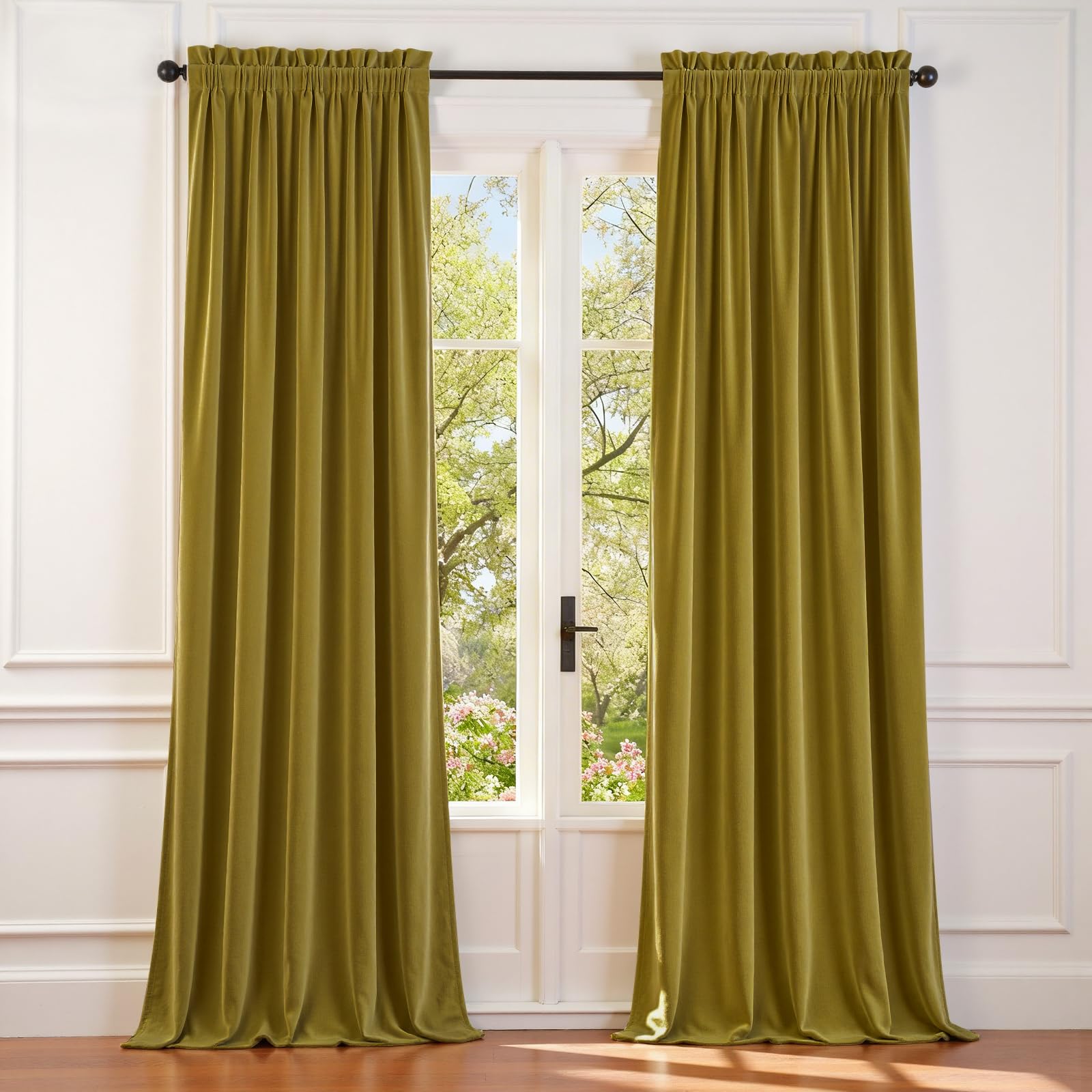 Lazzzy Velvet Blackout Curtains Thermal Insulated Room Window Drapes Super Soft Luxury Curtains for Living Room Bedroom Rod Pocket 2 Panels, Golden Olive, 52" W x 96" L