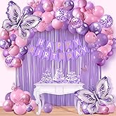 Purple Butterfly Birthday Decorations for Women Girls, Pink and Purple Balloon Garland Arch Kit with Giant Butterfly Balloons, Happy Birthday Banner, Fringe Curtains, Butterfly Stickers