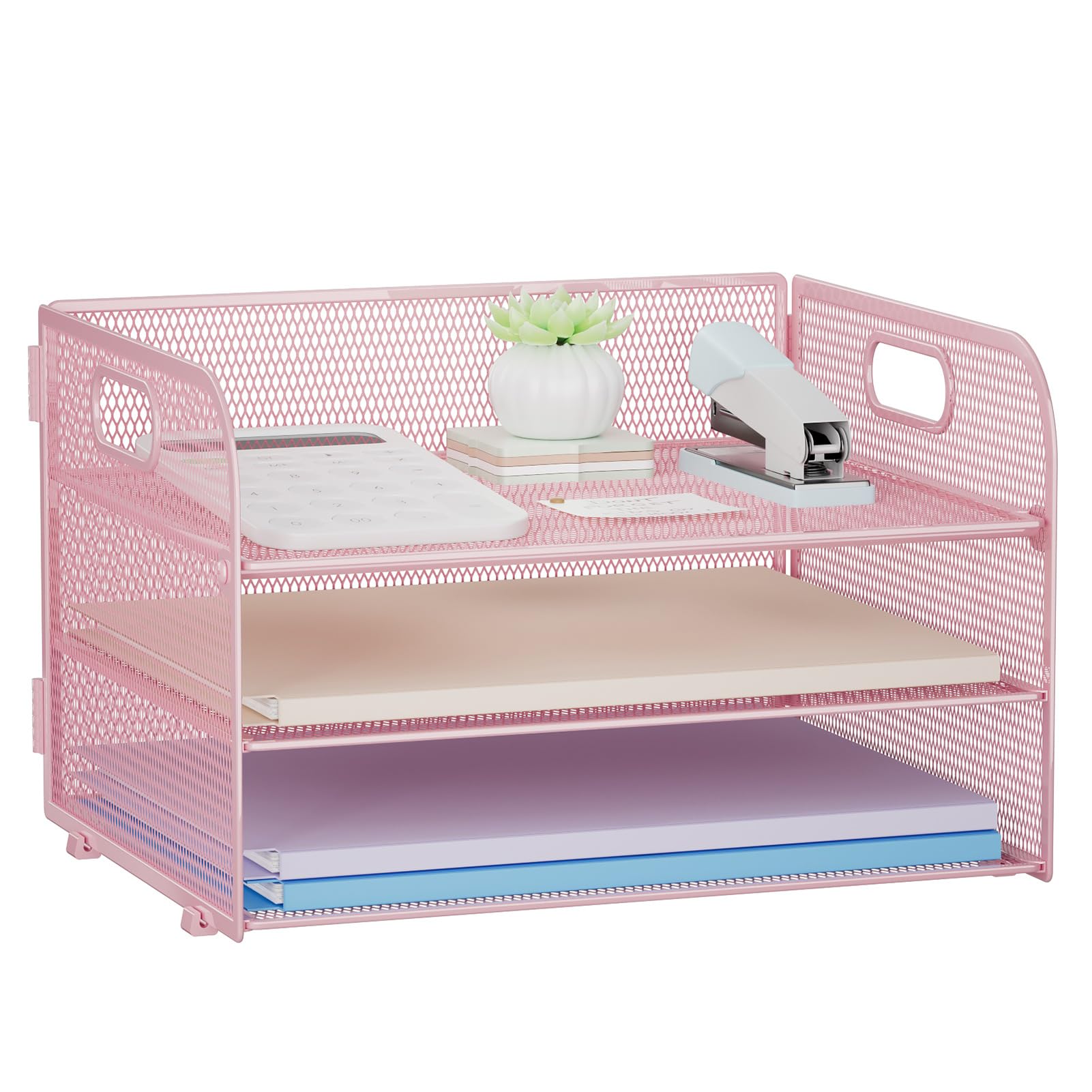 Restorgan 3 Tier Paper Organiser with Handle, Mesh Desk Organiser Letter Tray, Paper Tray Organizer for A4 File Folder, Pink
