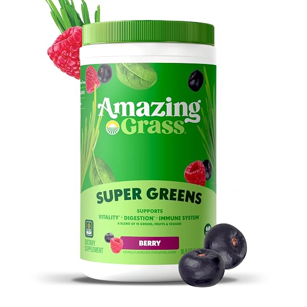 AMAZING GRASS GREENS BLEND SUPERFOOD: SUPER GREENS POWDER SMOOTHIE MIX WITH SPIRULINA, CHLORELLA, BEET ROOT POWDER, DIGESTIVE ENZYMES & PROBIOTICS, BERRY, 60 SERVINGS (PACKAGING MAY VARY)