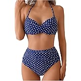 SweatyRocks Women's Polka Dots Bikini Sets Twist Front Ruched High Waisted Two Piece Swimsuit