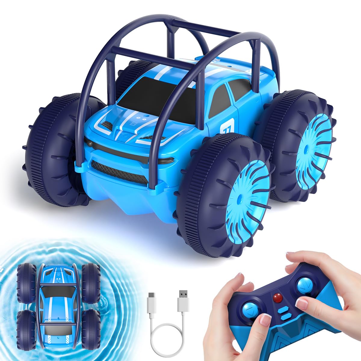 ifollower Rechargeable Remote Control Cars Age 3+, Amphibious Direct Charging RC Car, Controllable LED 360 Stunt Flip, 4WD All Terrain 2.4G Anti Interference - Toy Truck Gift for Boys Girls Ages 3-12