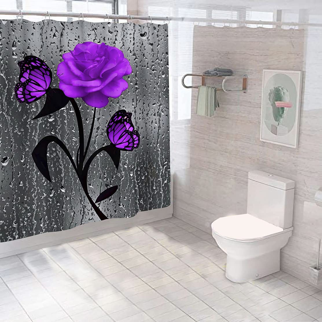 Shukqueen Flowers Shower Curtain Purple Butterfly and Rose Water Droplets Printed Bath Decorations Waterproof Polyester Fabric Bathroom Shower Curtain Liner with Hooks - 71 x 79 inches(180x200-Pcm)