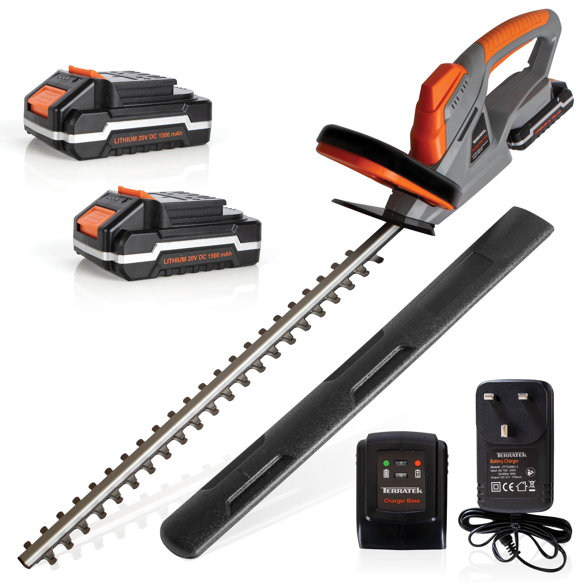 Terratek Cordless Hedge Trimmer 20V 1HR Fast Charge 51cm (510mm) Cutting Length, Hedge Trimmer Cordless Hedge Cutter with 2x Batteries and Charger Included