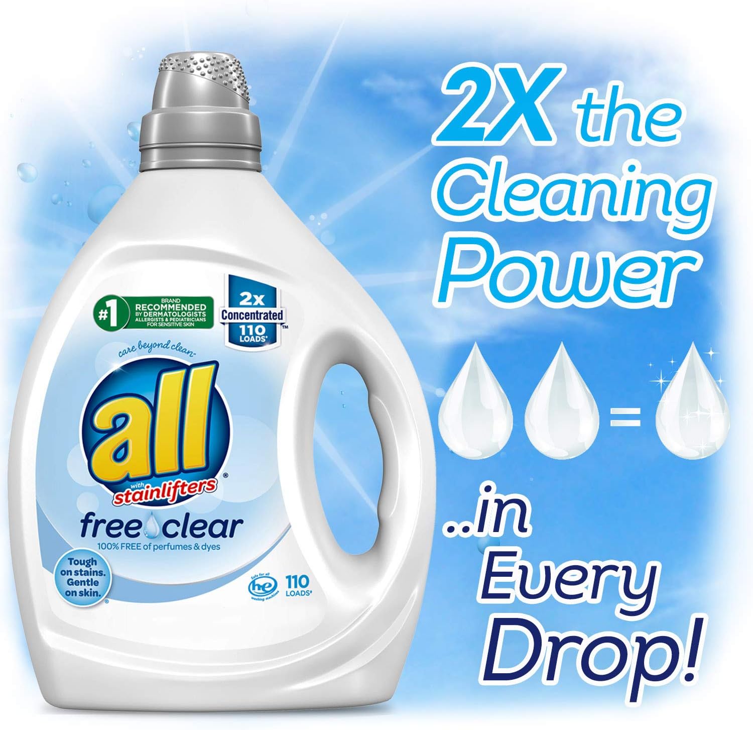 All Liquid Laundry Detergent, Free Clear for Sensitive Skin, 2X Concentrated, 110 Loads: Health & Personal Care
