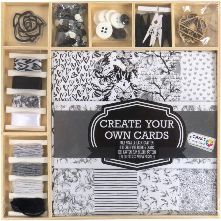 Craft Sensations Card Making Pack, Stylish Black & White, 50 Items, Sheets, Twine, Stamp, Wooden Shapes, Buttons, Rhinestones and More
