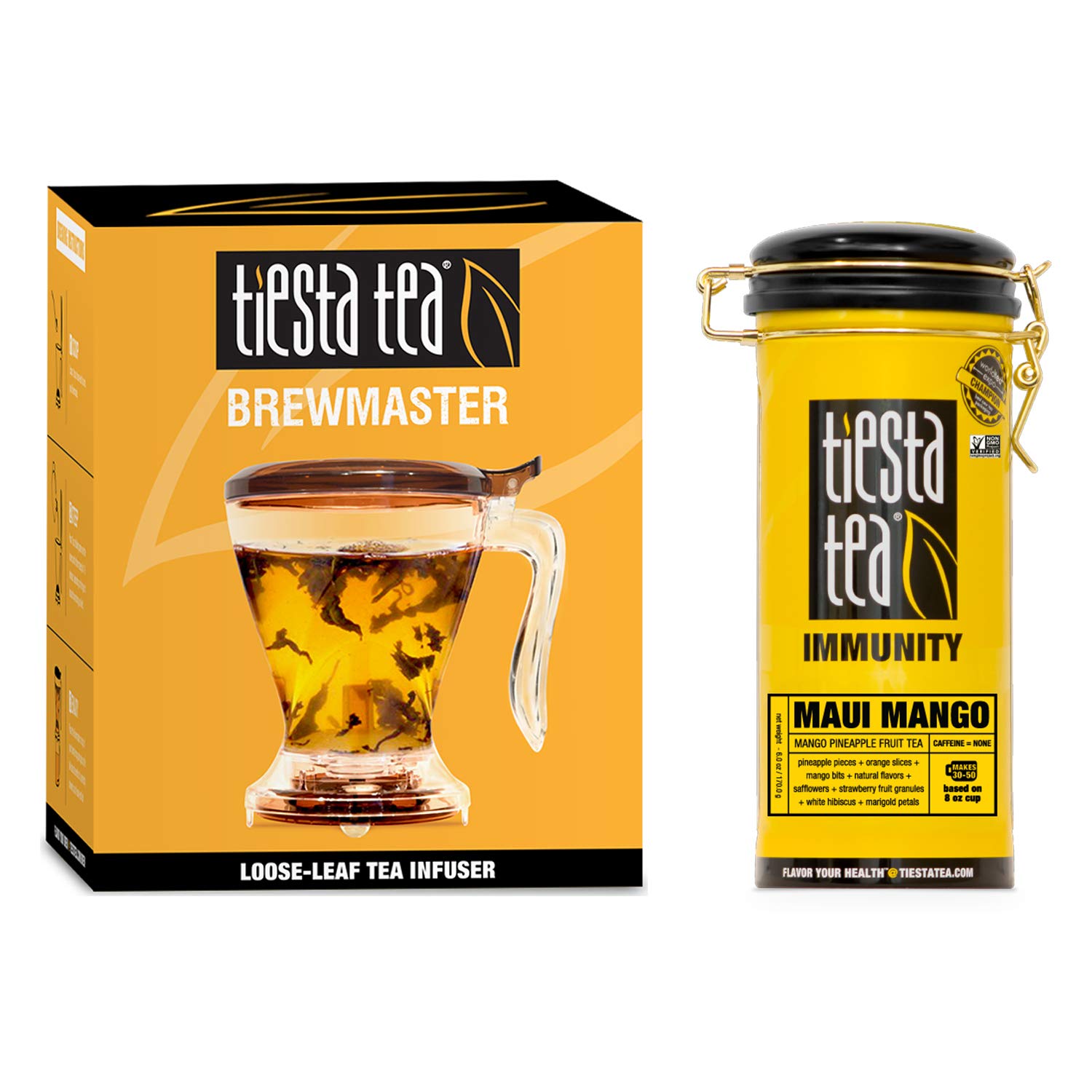 Tiesta Tea - Maui Mango Tin & Tea Infuser Set, Tea Set with Loose Leaf Herbal Tea Tin (Maui Mango) & 16 Ounce Bottom Dispensening Tea Infuser