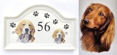 House Door Number Plaque Plate Ceramic Long Hair Dachshund Dog