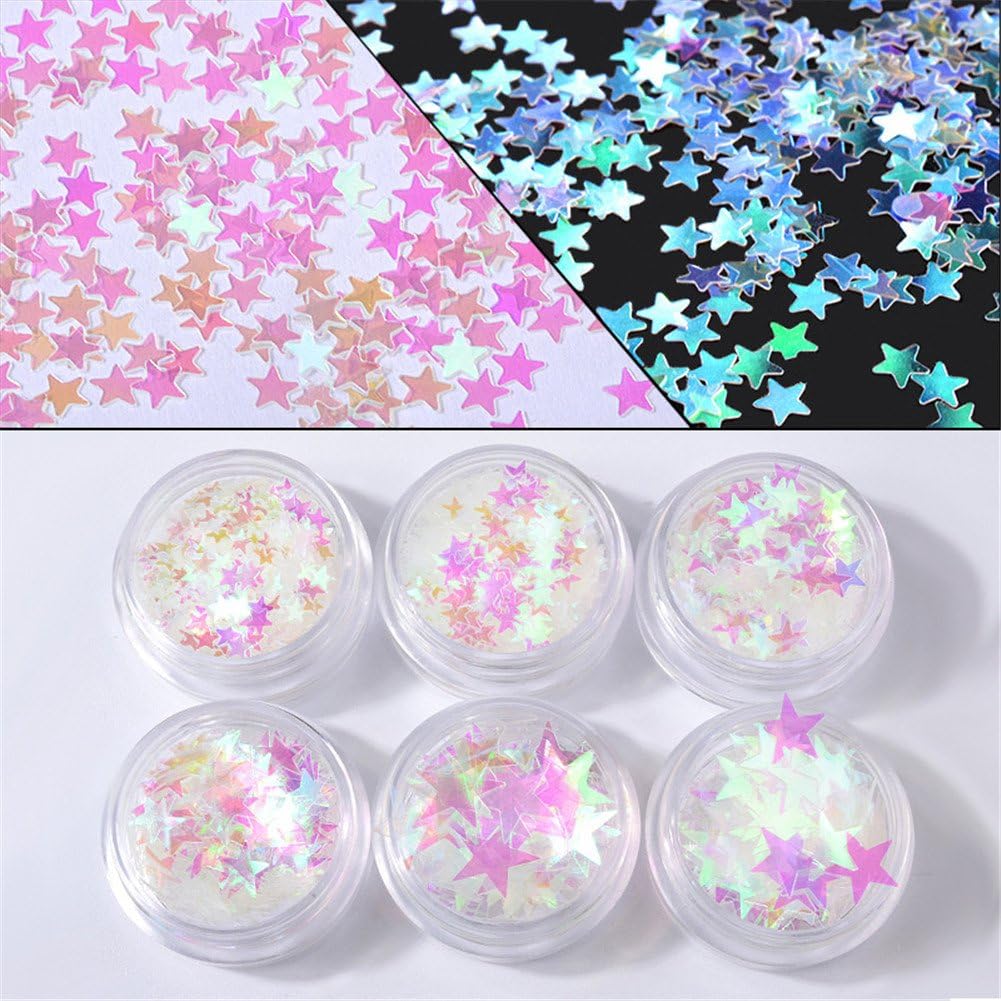 INNAIL 6 Boxes Luminous Hexagon Nail Sequins Shining Flakes Glitter Tips Star Mixed Size 3D DIY Manicure Nail Art Decoration