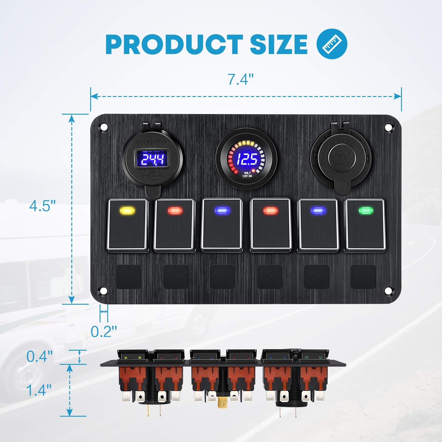 Kohree Upgrade 6 Gang Marine Boat Rocker Switch Panel, 12V Aluminum Waterproof Led Switch Panel for Car Truck Marine Boat, Digital Voltmeter Display Dual QC 3.0 USB Charger Port DC 12/24 Volt Socket: Sports & Outdoors