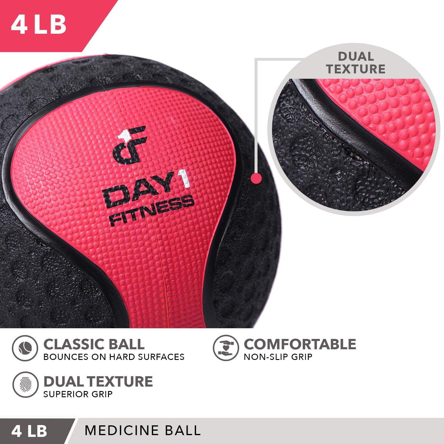 Medicine Exercise Ball with Dual Texture for Superior Grip by Day 1 Fitness - 4 Pounds - Fitness Balls for Plyometrics, Workouts - Improves Balance, Flexibility, Coordination : Sports & Outdoors
