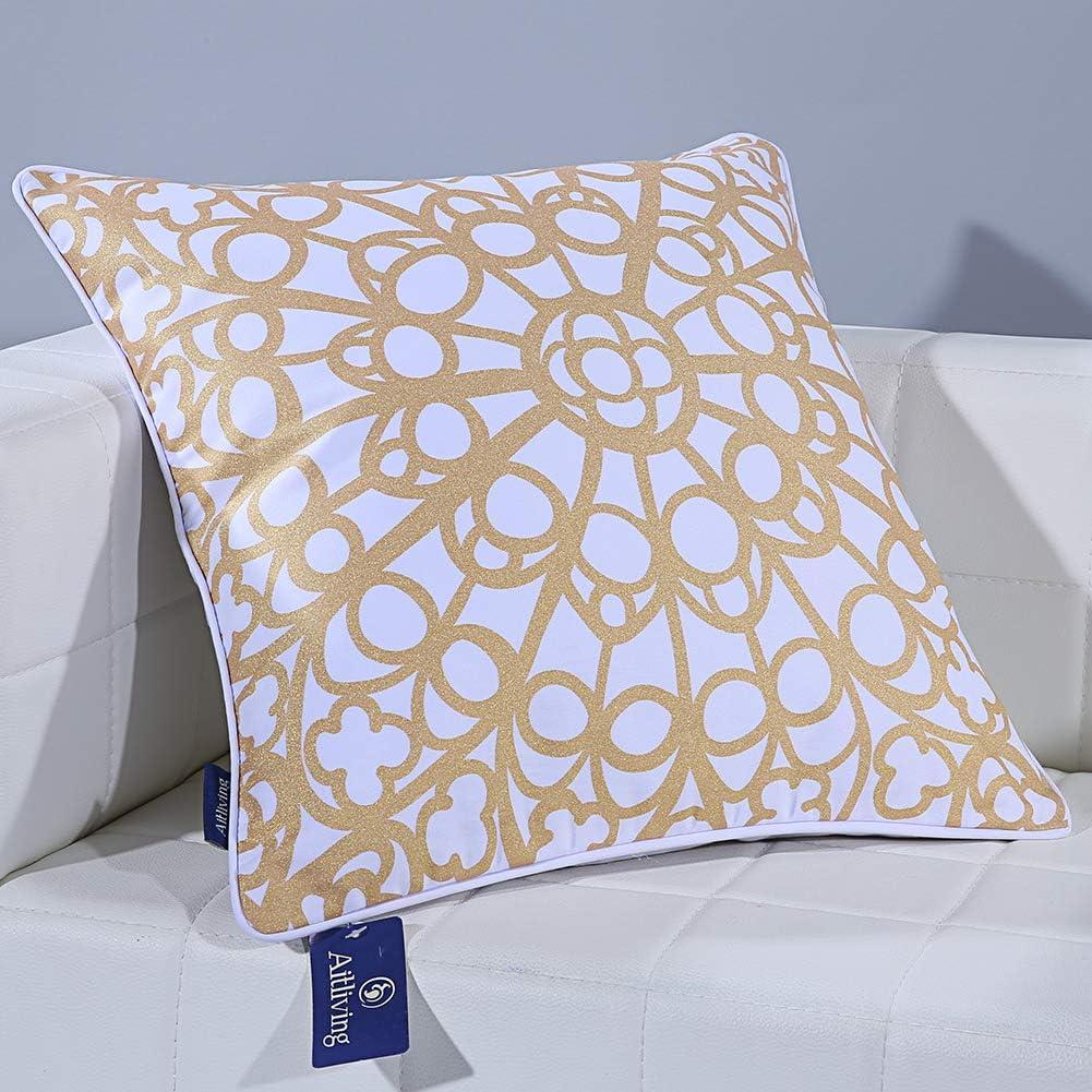 Geometric Eiffel Cushion Cover Abstract Floral Trellis Lattice Pillow Cover Shell Gold Metallic Yellow Print Poly/Cotton Twill 43x43cm Decorative Pillowcase w/ Piping for Couch Sofa Seat Bed 17X17" - Image 3