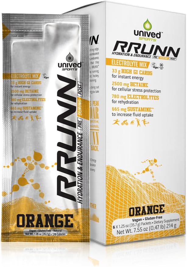 Unived RRUNN During Isotonic Electrolyte Sports Drink Mix, Hydration & Endurance, Box of 6 Packets (0.5lbs, 214g) (Orange)