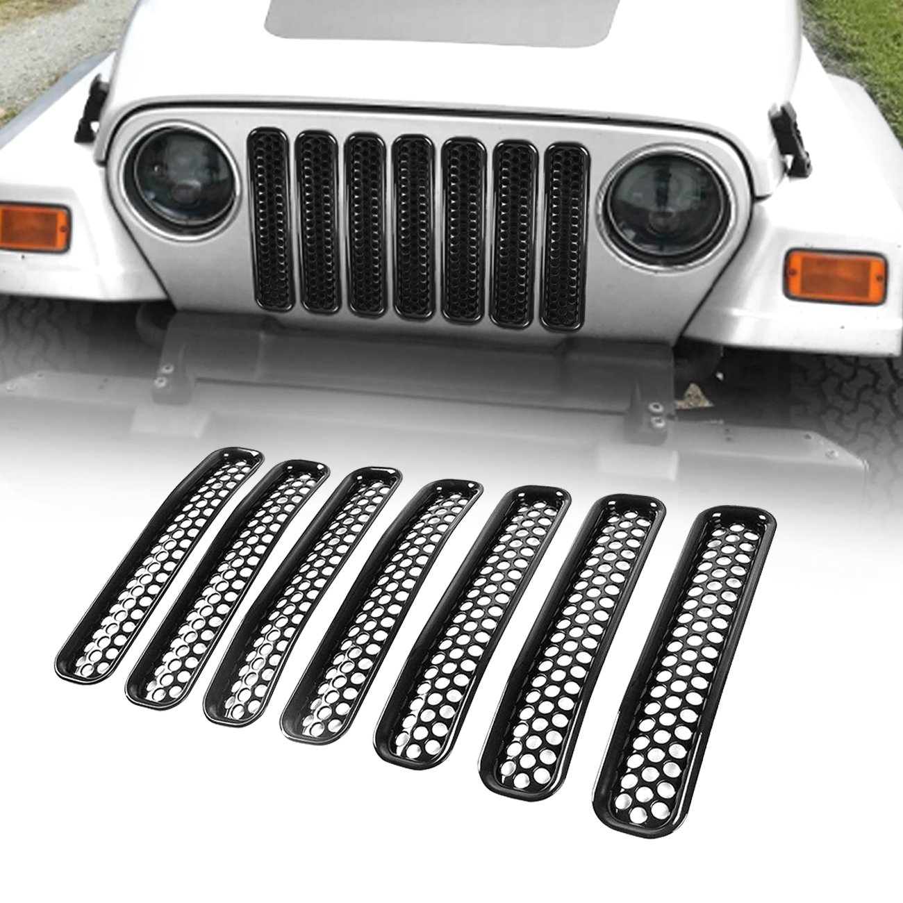 Amazon.com: ICARS Matte Black Mesh Grill Inserts Grille Guard Honeycomb  Style for 1997-2006 Jeep Wrangler TJ Unlimited Rubicon Sahara - 7PCs:  Automotive