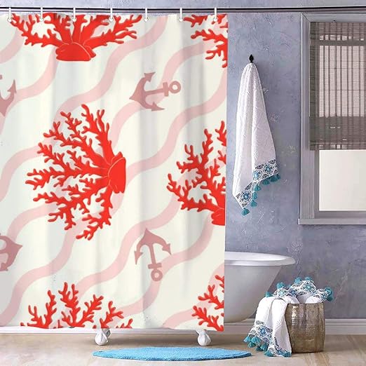 Amazon Com No Branded Clip Art Coral Design Pink Wave Bath Curtain Shower Curtain With Hooks Bathroom Decor Waterproof 180180 Home Kitchen