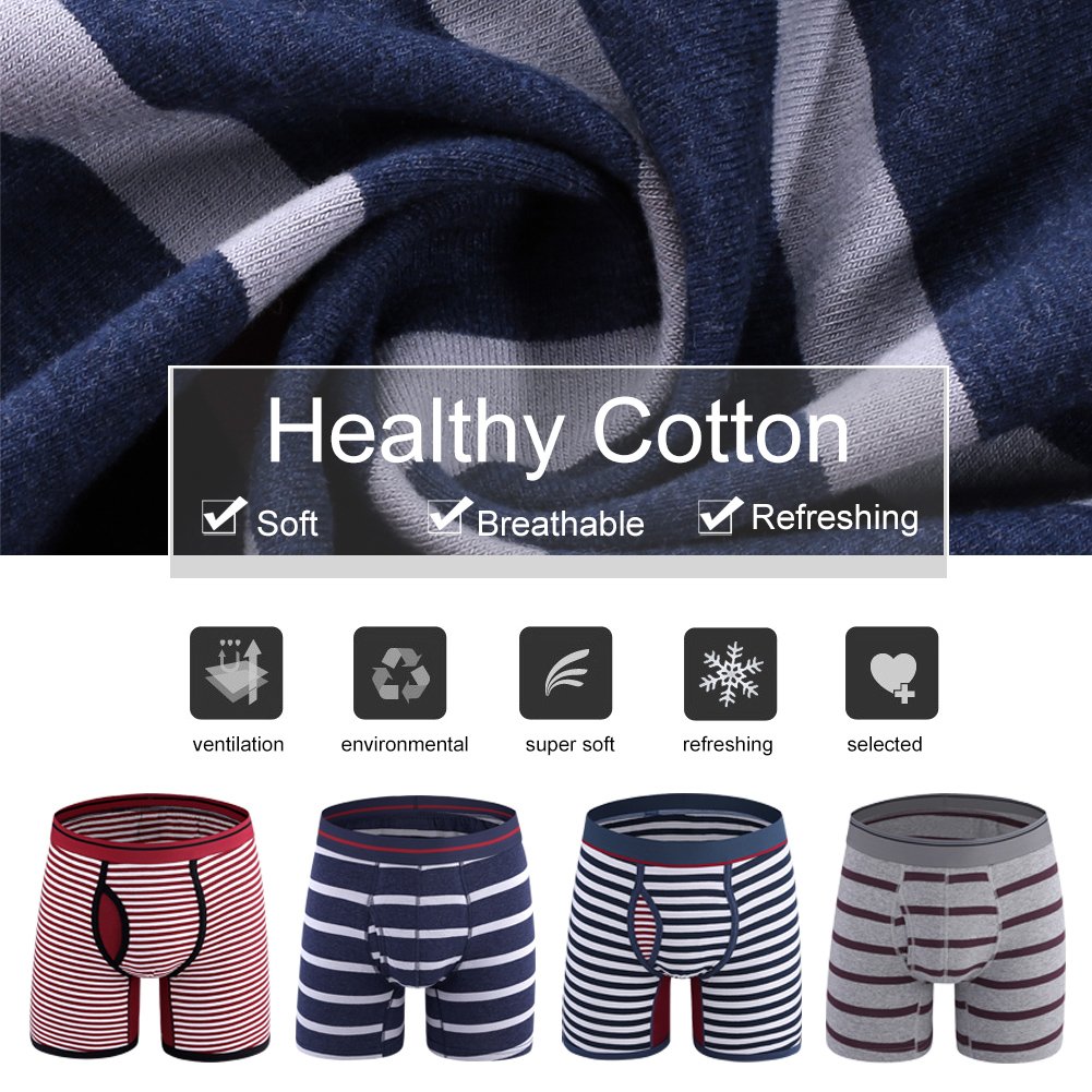 Men\'s Boxer Briefs Pack of 4 No Ride Up Boxer Brief Cotton Underwear Open Fly-S,Stripe T3