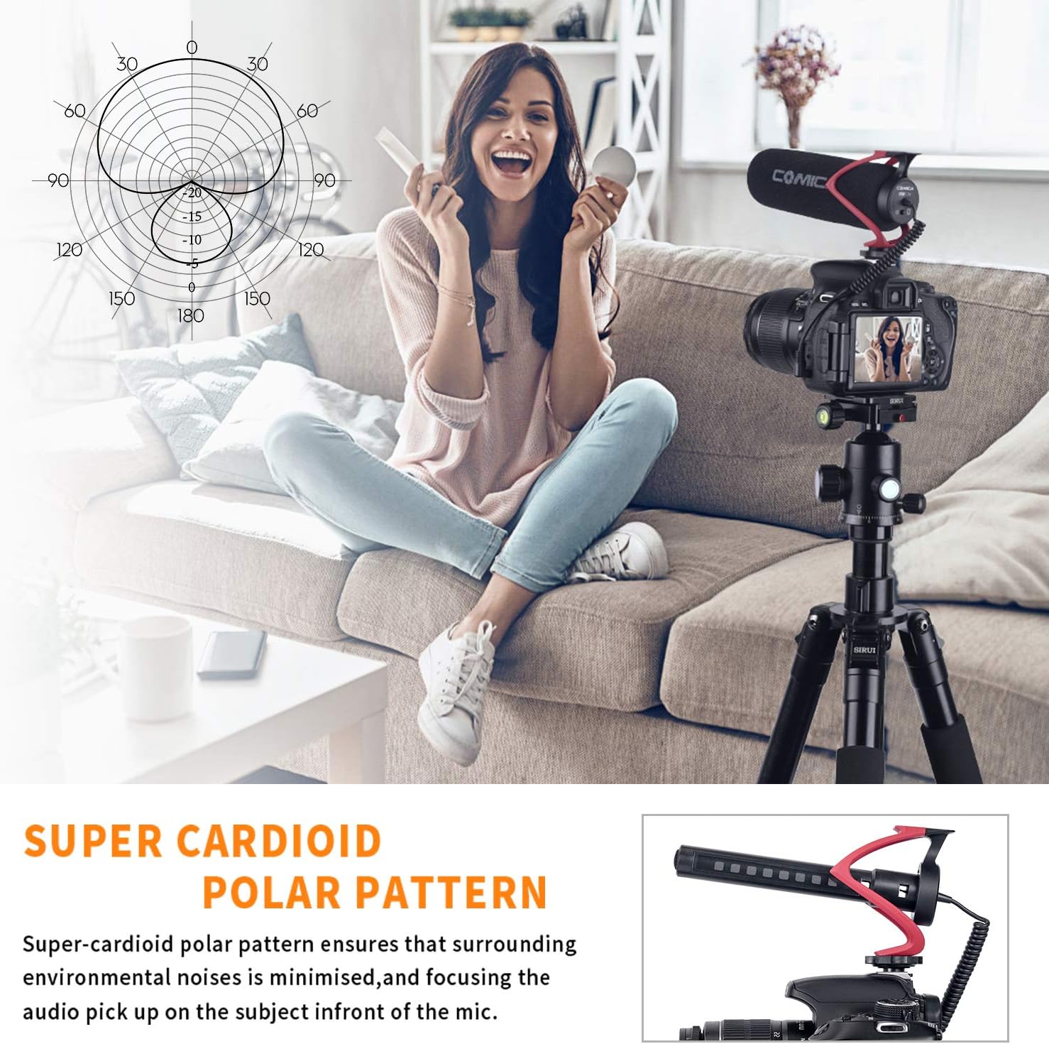 COMICA CVM-V30 LITE Video Microphone Super-Cardioid Condenser On-Camera Shotgun Microphone for Canon Nikon Sony Panasonic Camera/DSLR/Iphone Samsung Huawei(Red) - Image 4